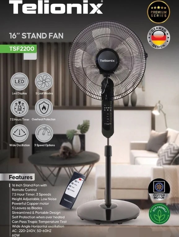 پنکه ایستاده تلیونیکس مدل TSF2200 ریموت دار با ۵ پره